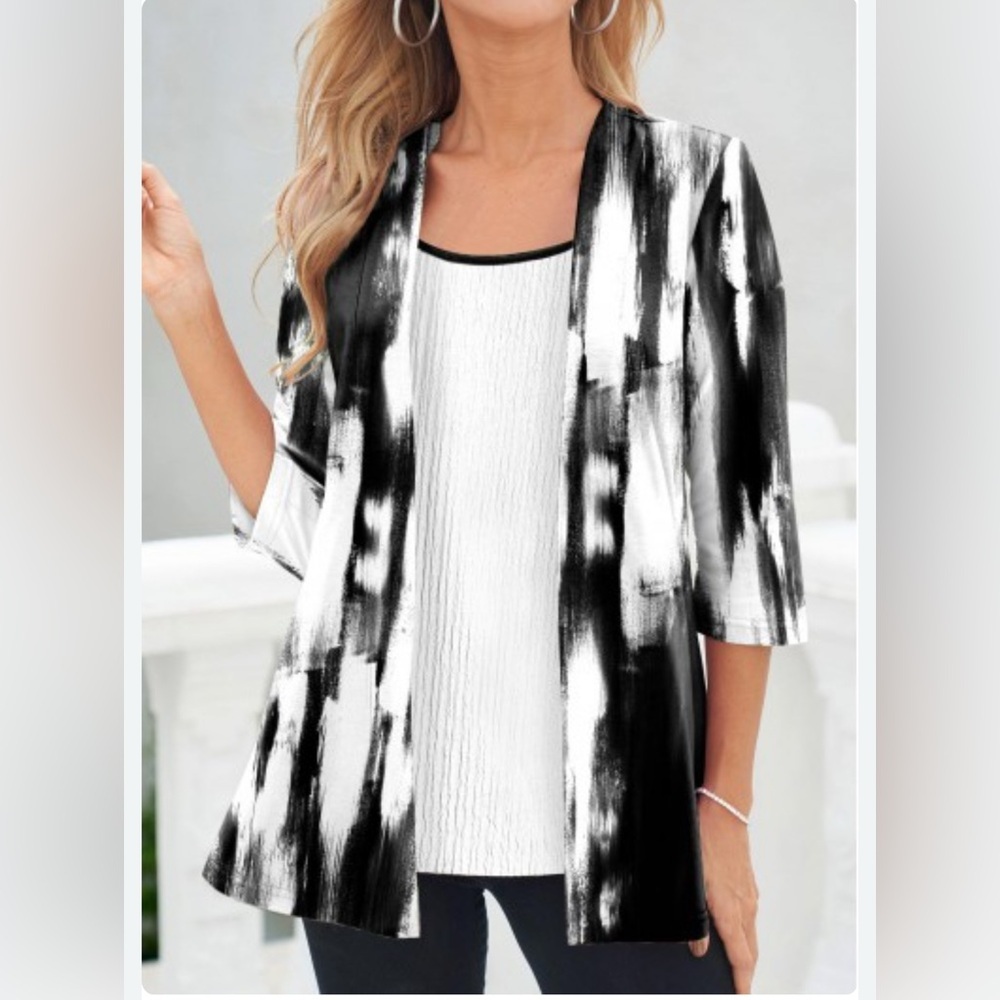 Chicos Black White Essential Cardigan Size M US Tie Dye Open Front 3/4 Sleeves